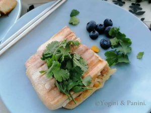 Tuna & sweetcorn mayo × apple & celery Panini with blueberries & coriander leaves